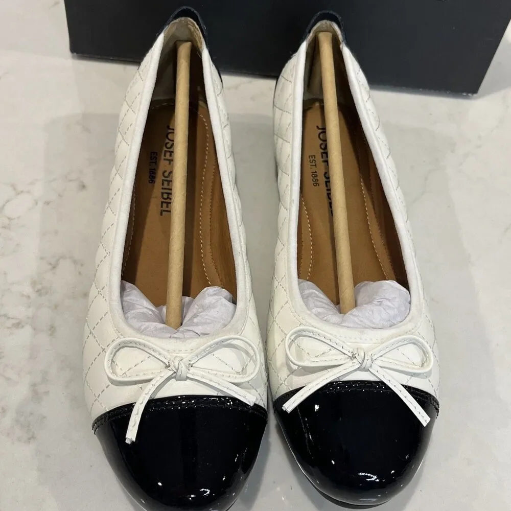 Josef‎ Seibel Pippa White Black Quilted Cap Toe Leather Ballet Flats EU 37 6-6.5